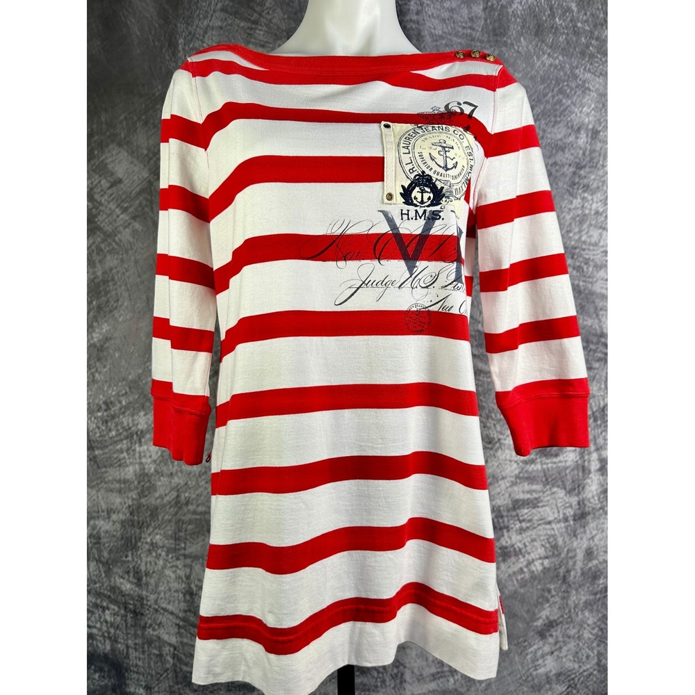 Lauren Jeans Co Ralph Lauren Tunic Women Medium Red White Striped Nautical Top